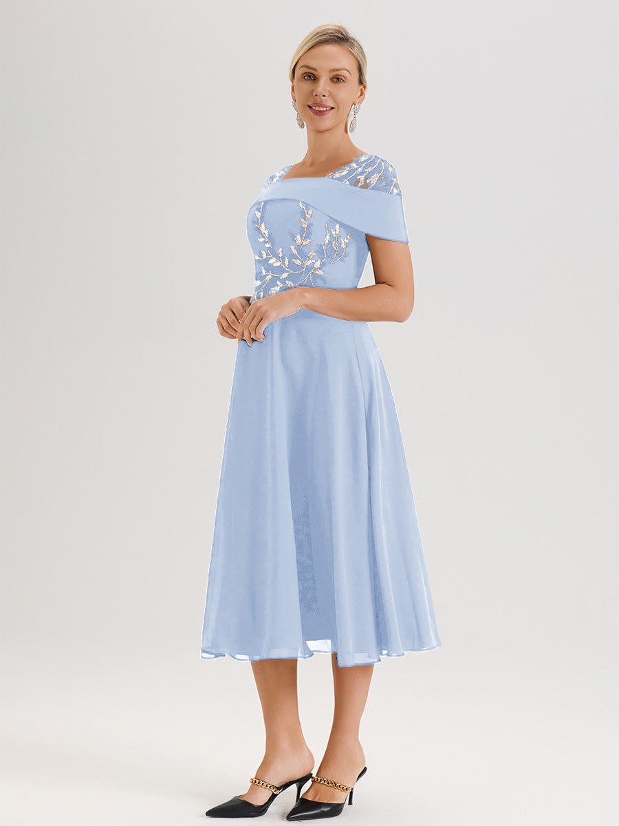 Cicinia Robe Trapèze Pour Mère De La Mariée Bleu Ciel En Mousseline Et Dentelle Col Carré Manches Courtes Longueur Mi-Mollet