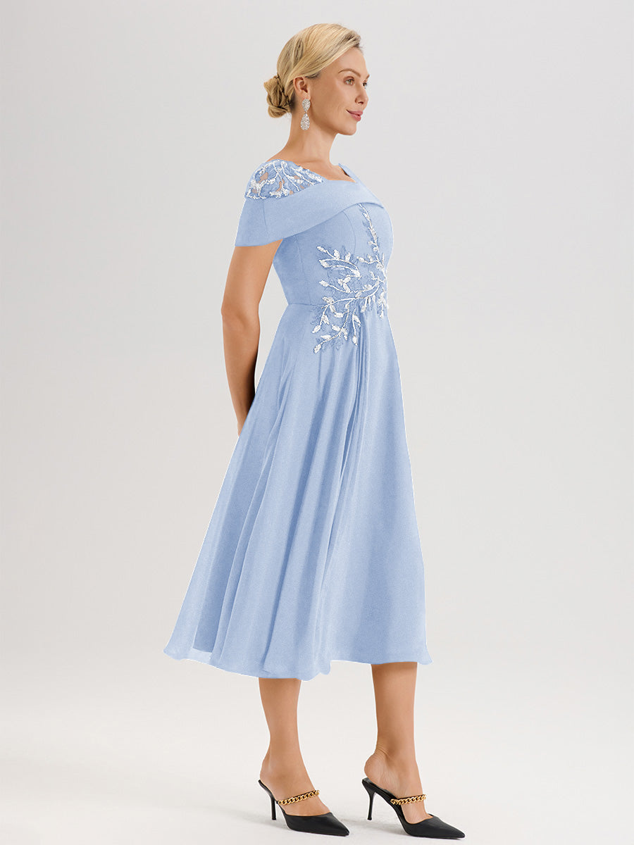 Cicinia Robe Trapèze Pour Mère De La Mariée Bleu Ciel En Mousseline Et Dentelle Col Carré Manches Courtes Longueur Mi-Mollet