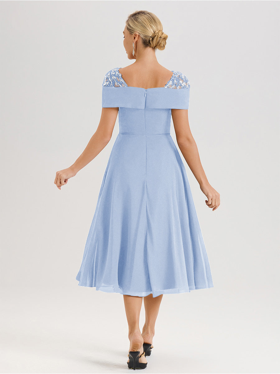 Cicinia Robe Trapèze Pour Mère De La Mariée Bleu Ciel En Mousseline Et Dentelle Col Carré Manches Courtes Longueur Mi-Mollet