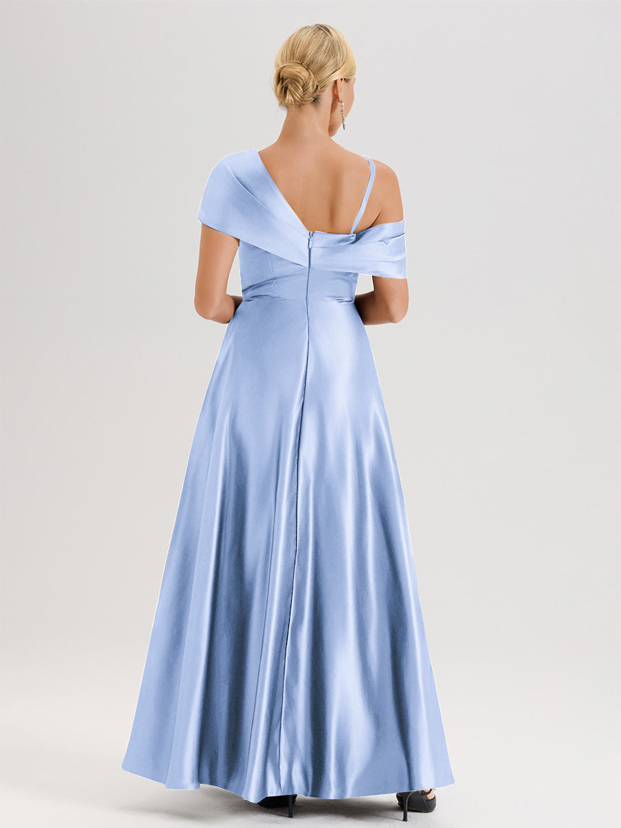 Cicinia Bleu Ciel Robe Mère De La Mariée Longueur Au Sol Trapèze Une Épaule En Satin Avec Jupe Plissée Fendue