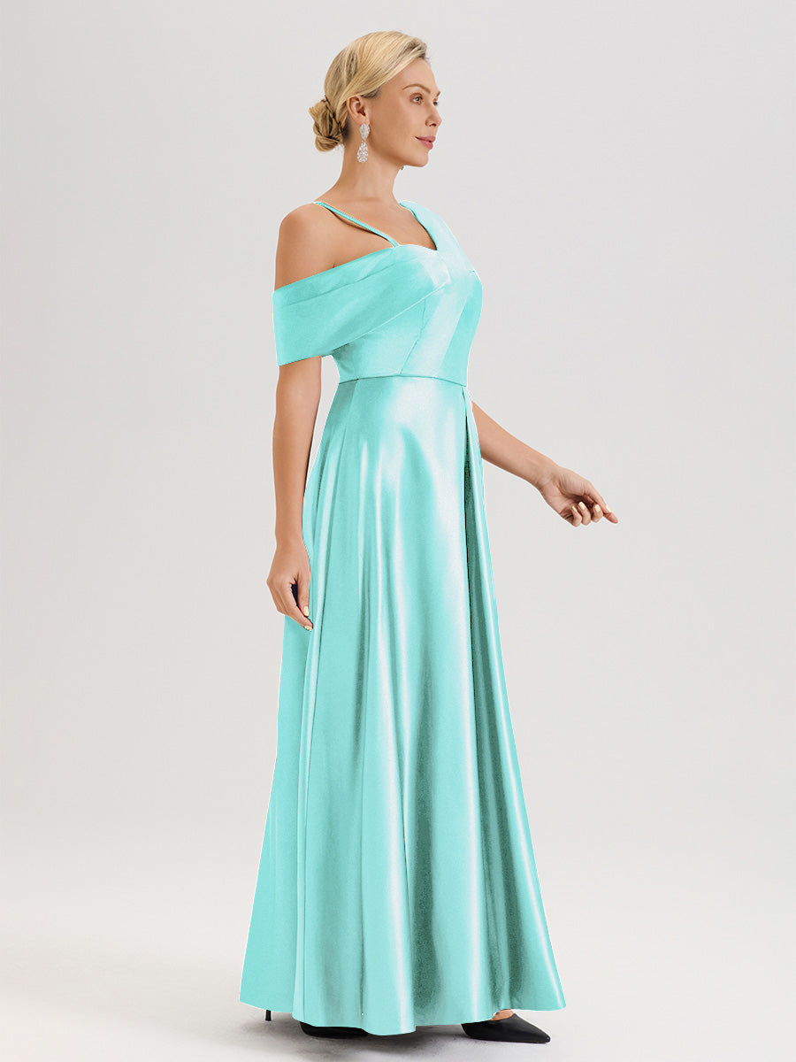 Cicinia Turquoise Robe Mère De La Mariée Longueur Au Sol Trapèze Une Épaule En Satin Avec Jupe Plissée Fendue