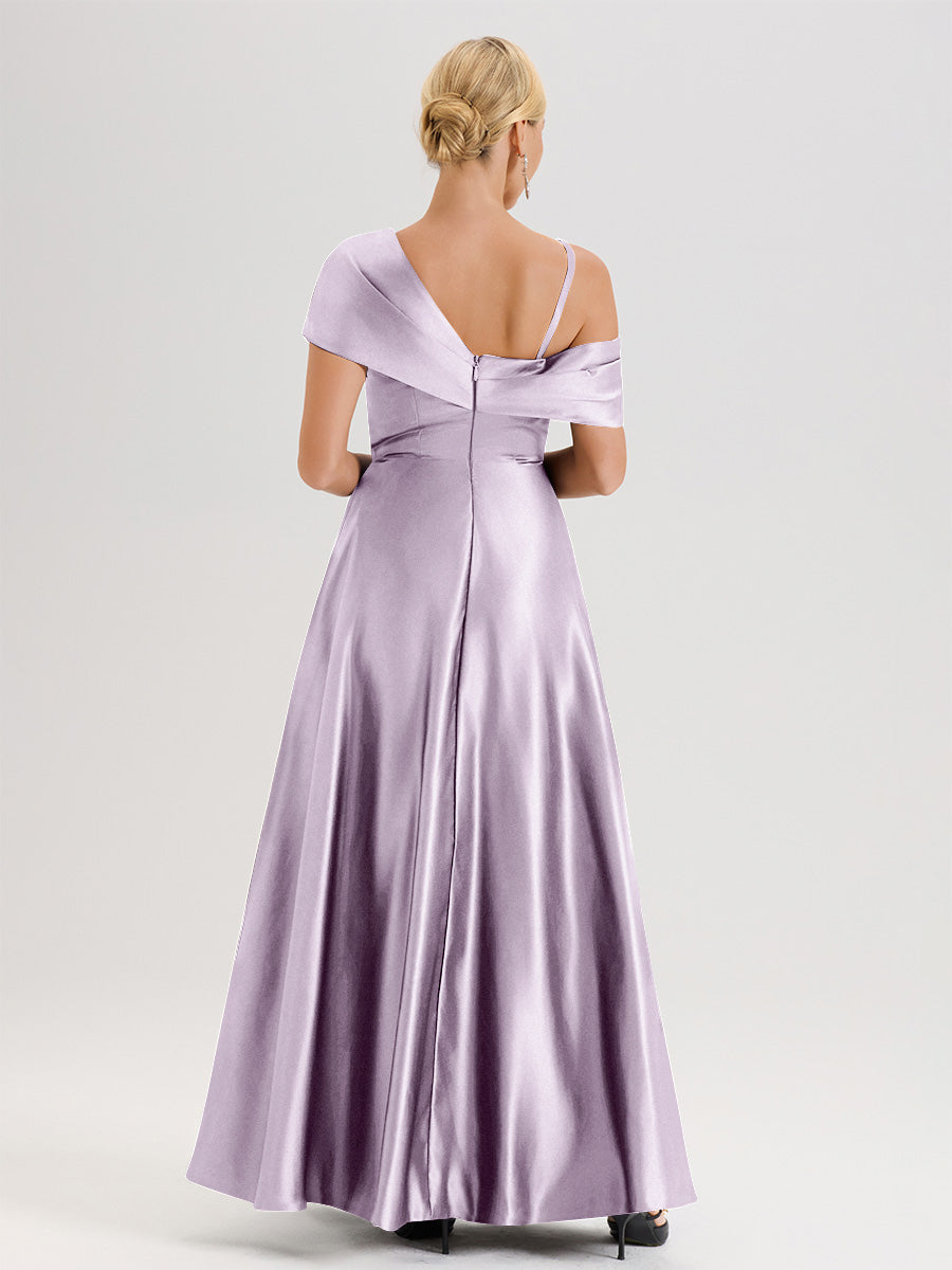 Cicinia Vintage Mauve Robe Mère De La Mariée Longueur Au Sol Trapèze Une Épaule En Satin Avec Jupe Plissée Fendue