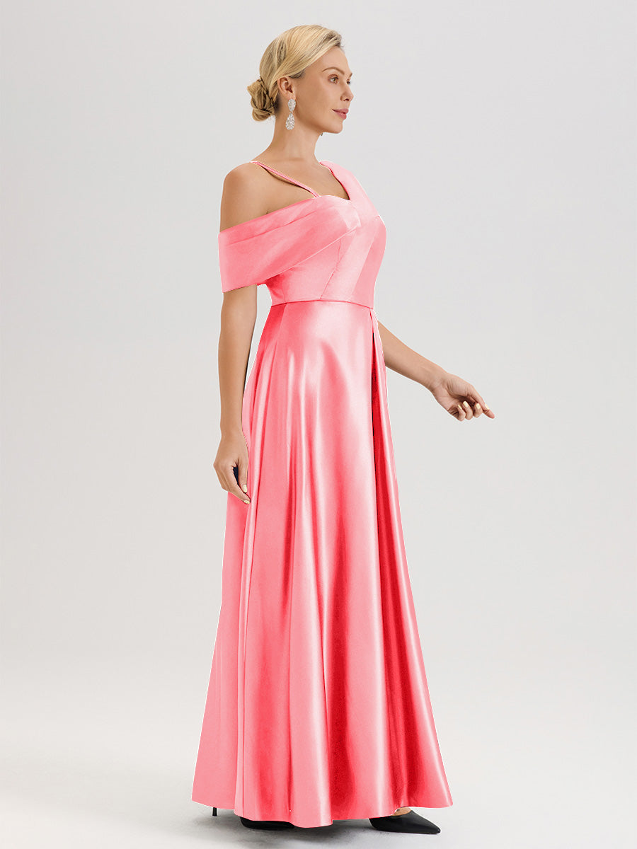 Cicinia Pastèque Robe Mère De La Mariée Longueur Au Sol Trapèze Une Épaule En Satin Avec Jupe Plissée Fendue
