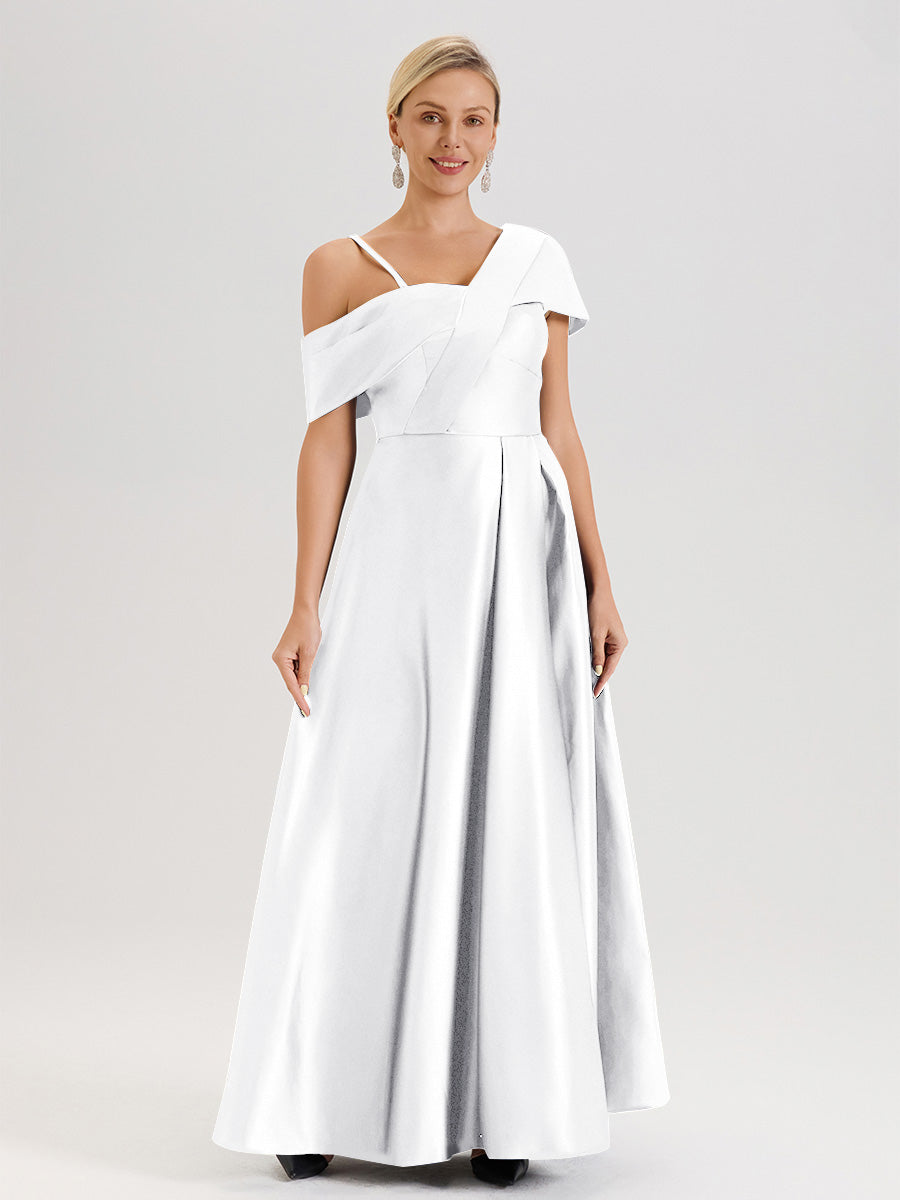 Cicinia Blanc Robe Mère De La Mariée Longueur Au Sol Trapèze Une Épaule En Satin Avec Jupe Plissée Fendue