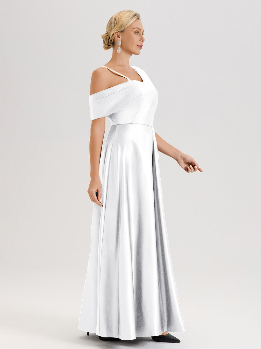 Cicinia Blanc Robe Mère De La Mariée Longueur Au Sol Trapèze Une Épaule En Satin Avec Jupe Plissée Fendue