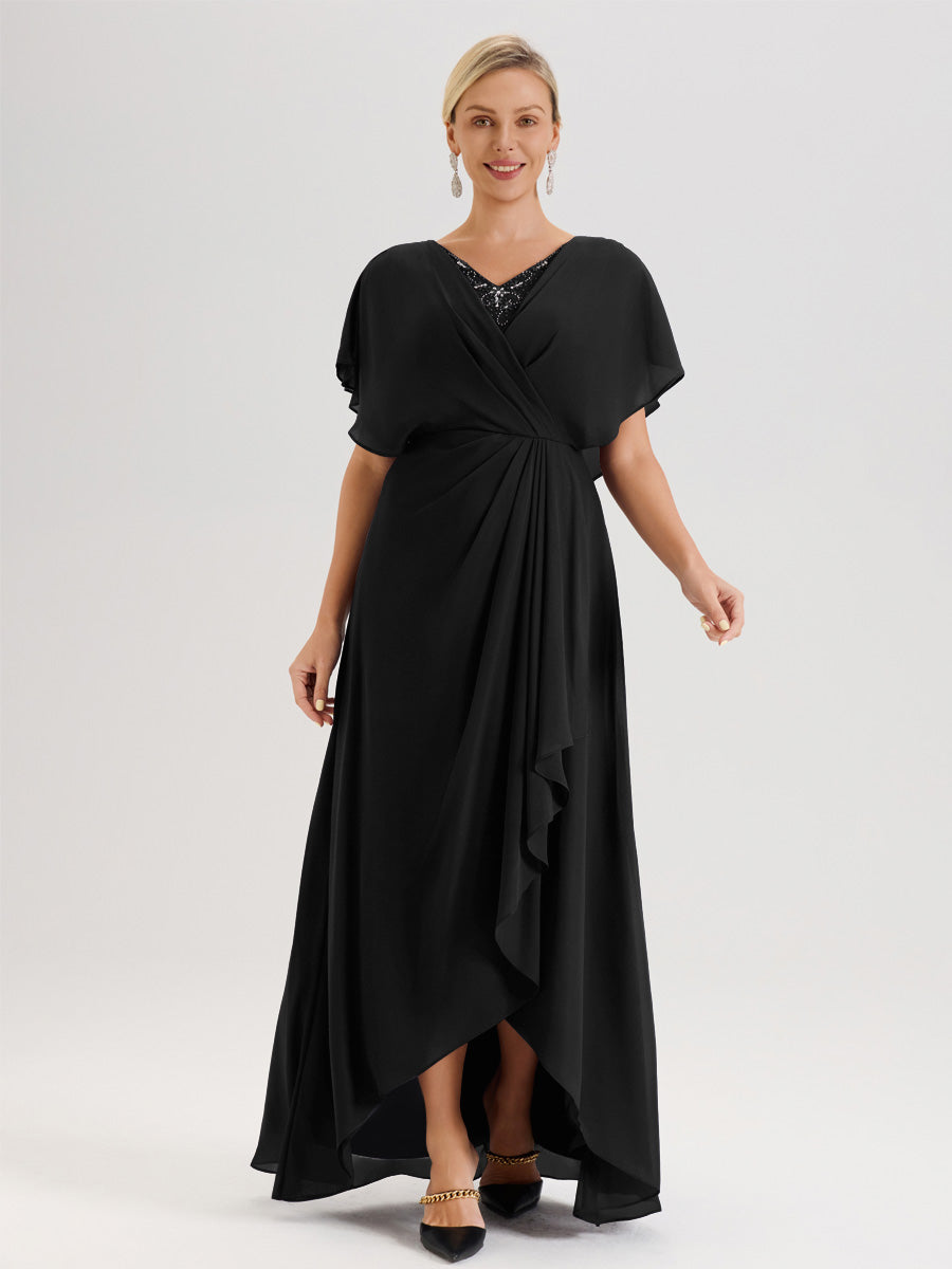 Cicinia Robe Mère De La Mariée Noir Avec Ourlet Asymétrique Et Manches Volants Décolleté En V En Chiffon Longueur Sol