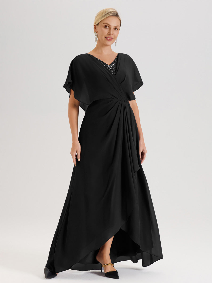Cicinia Robe Mère De La Mariée Noir Avec Ourlet Asymétrique Et Manches Volants Décolleté En V En Chiffon Longueur Sol