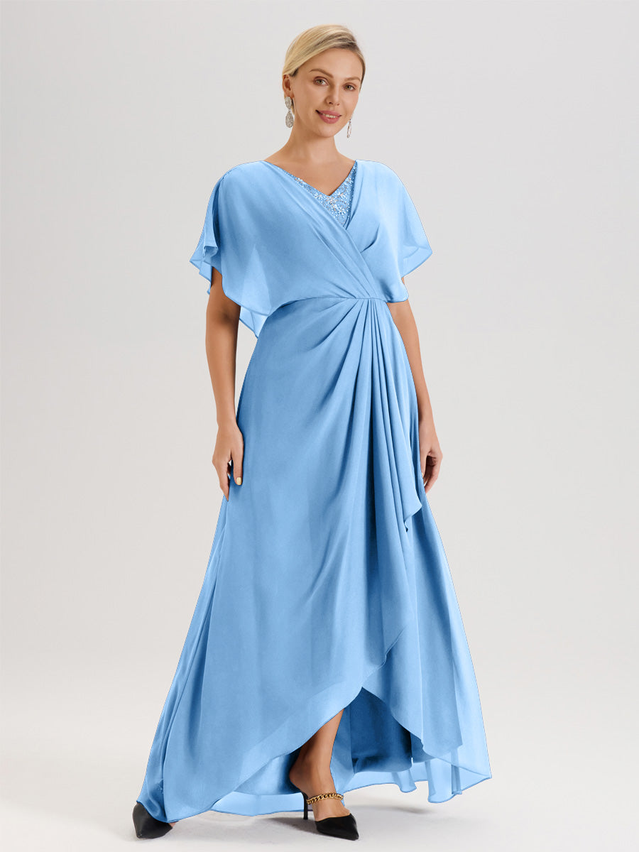 Cicinia Robe Mère De La Mariée Bleu Avec Ourlet Asymétrique Et Manches Volants Décolleté En V En Chiffon Longueur Sol