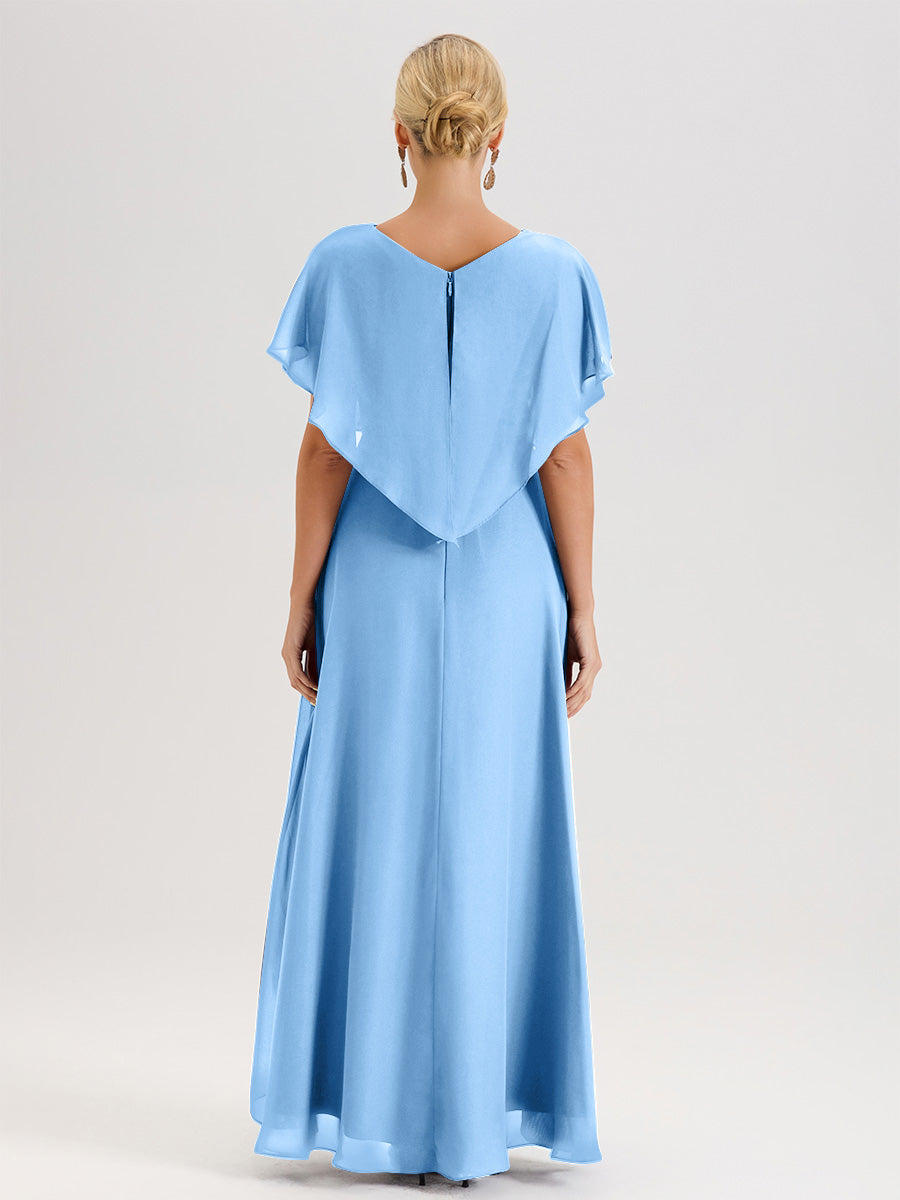 Cicinia Robe Mère De La Mariée Bleu Avec Ourlet Asymétrique Et Manches Volants Décolleté En V En Chiffon Longueur Sol