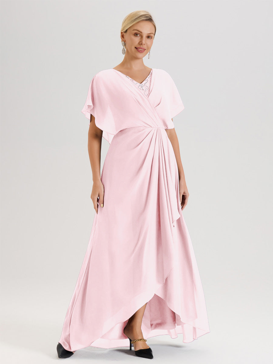 Cicinia Robe Mère De La Mariée Rose Pale Avec Ourlet Asymétrique Et Manches Volants Décolleté En V En Chiffon Longueur Sol