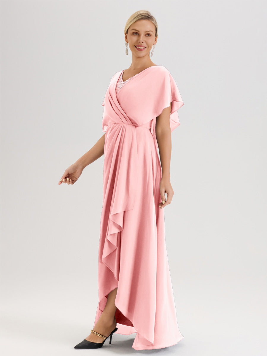 Cicinia Robe Mère De La Mariée Rose Doux Avec Ourlet Asymétrique Et Manches Volants Décolleté En V En Chiffon Longueur Sol