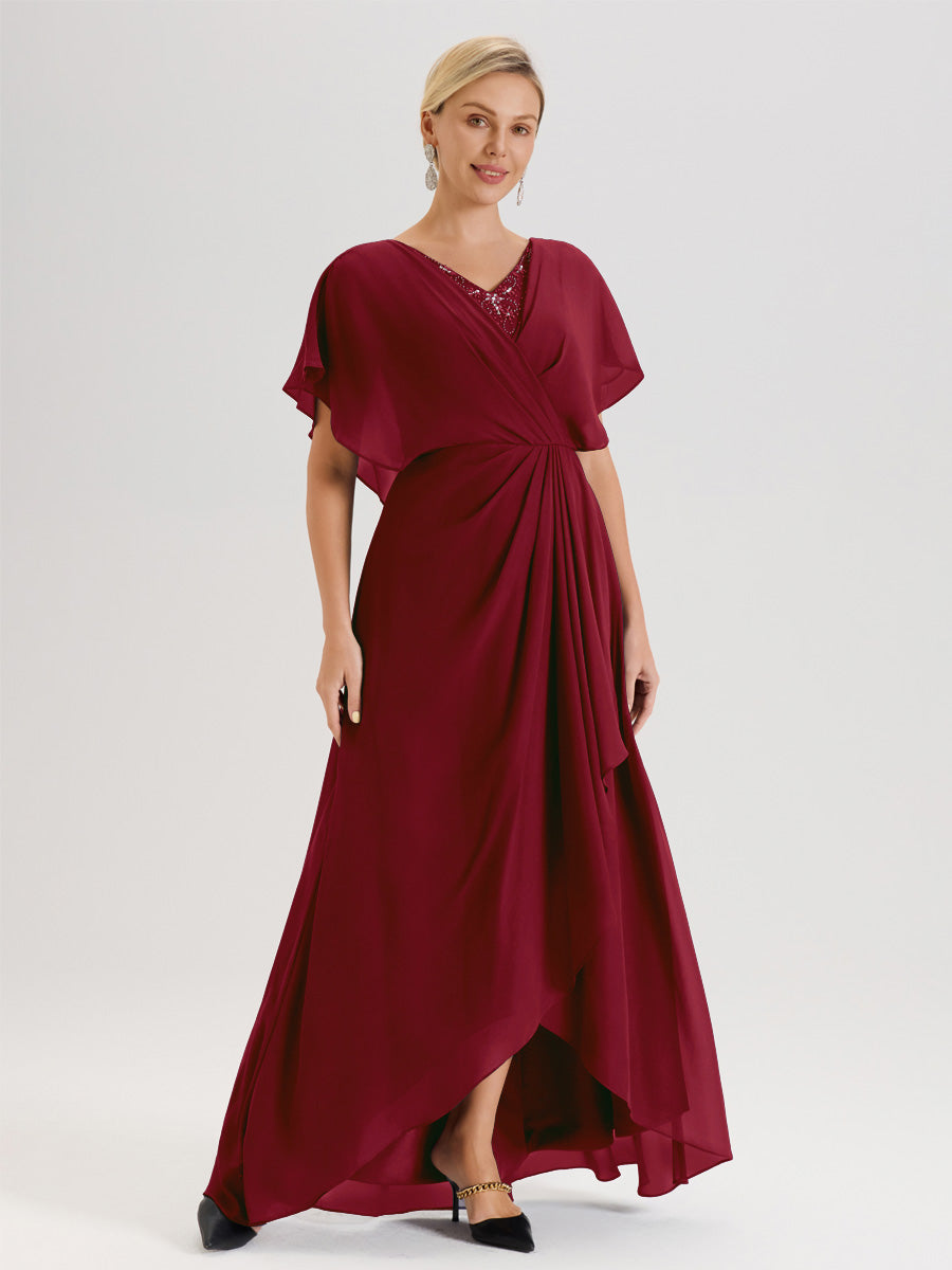 Cicinia Robe Mère De La Mariée Couleur Bordeaux Avec Ourlet Asymétrique Et Manches Volants Décolleté En V En Chiffon Longueur Sol