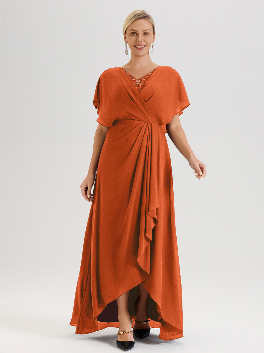 Cicinia Robe Mère De La Mariée Orange Foncé Avec Ourlet Asymétrique Et Manches Volants Décolleté En V En Chiffon Longueur Sol