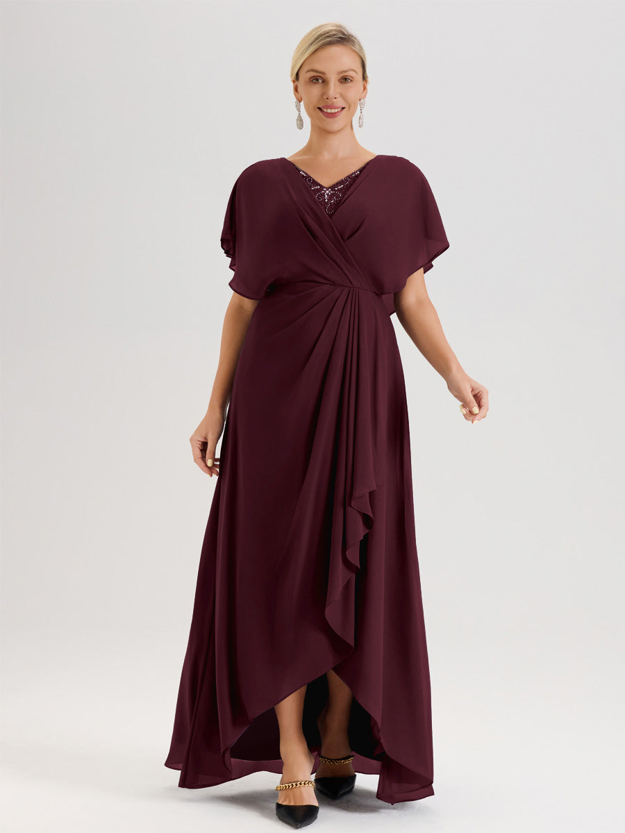 Cicinia Robe Mère De La Mariée Cabernet Avec Ourlet Asymétrique Et Manches Volants Décolleté En V En Chiffon Longueur Sol