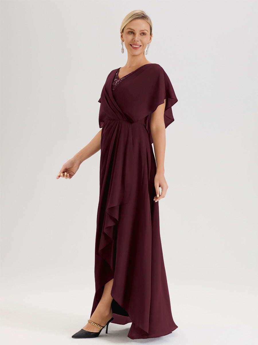 Cicinia Robe Mère De La Mariée Cabernet Avec Ourlet Asymétrique Et Manches Volants Décolleté En V En Chiffon Longueur Sol