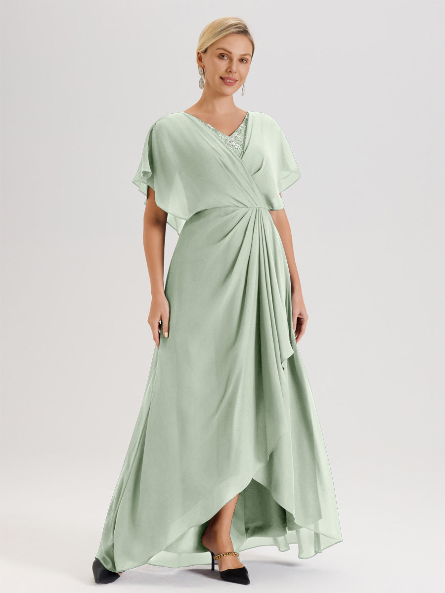 Cicinia Robe Mère De La Mariée Celadon Avec Ourlet Asymétrique Et Manches Volants Décolleté En V En Chiffon Longueur Sol