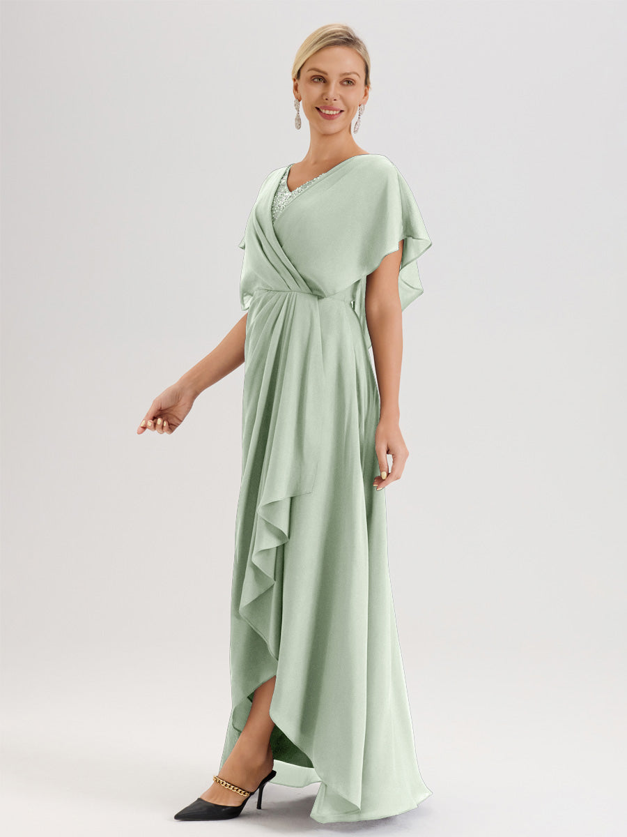Cicinia Robe Mère De La Mariée Celadon Avec Ourlet Asymétrique Et Manches Volants Décolleté En V En Chiffon Longueur Sol