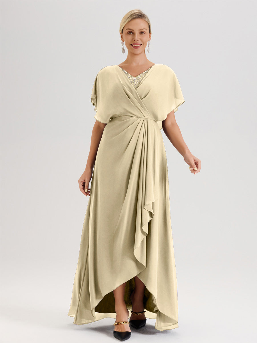 Cicinia Robe Mère De La Mariée Champagne Avec Ourlet Asymétrique Et Manches Volants Décolleté En V En Chiffon Longueur Sol