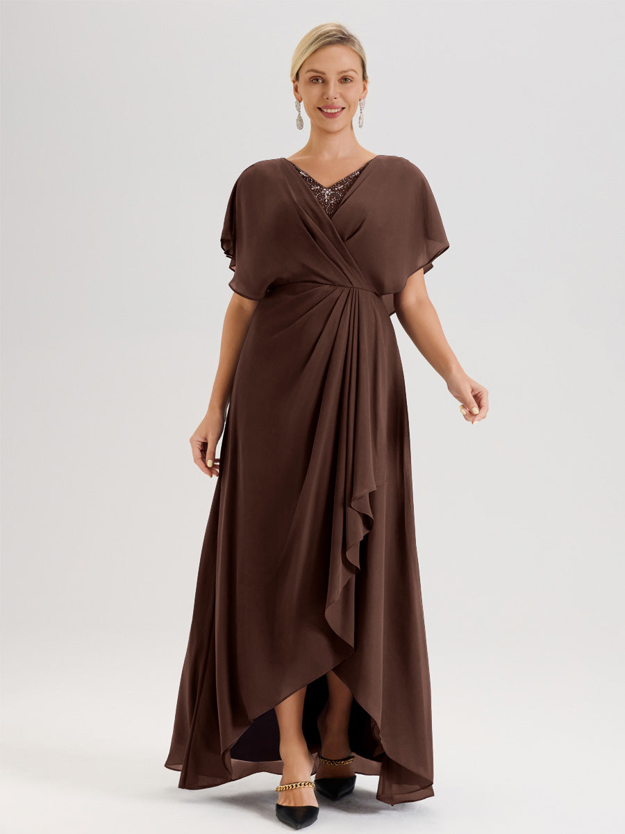 Cicinia Robe Mère De La Mariée Marron Chocolat Avec Ourlet Asymétrique Et Manches Volants Décolleté En V En Chiffon Longueur Sol