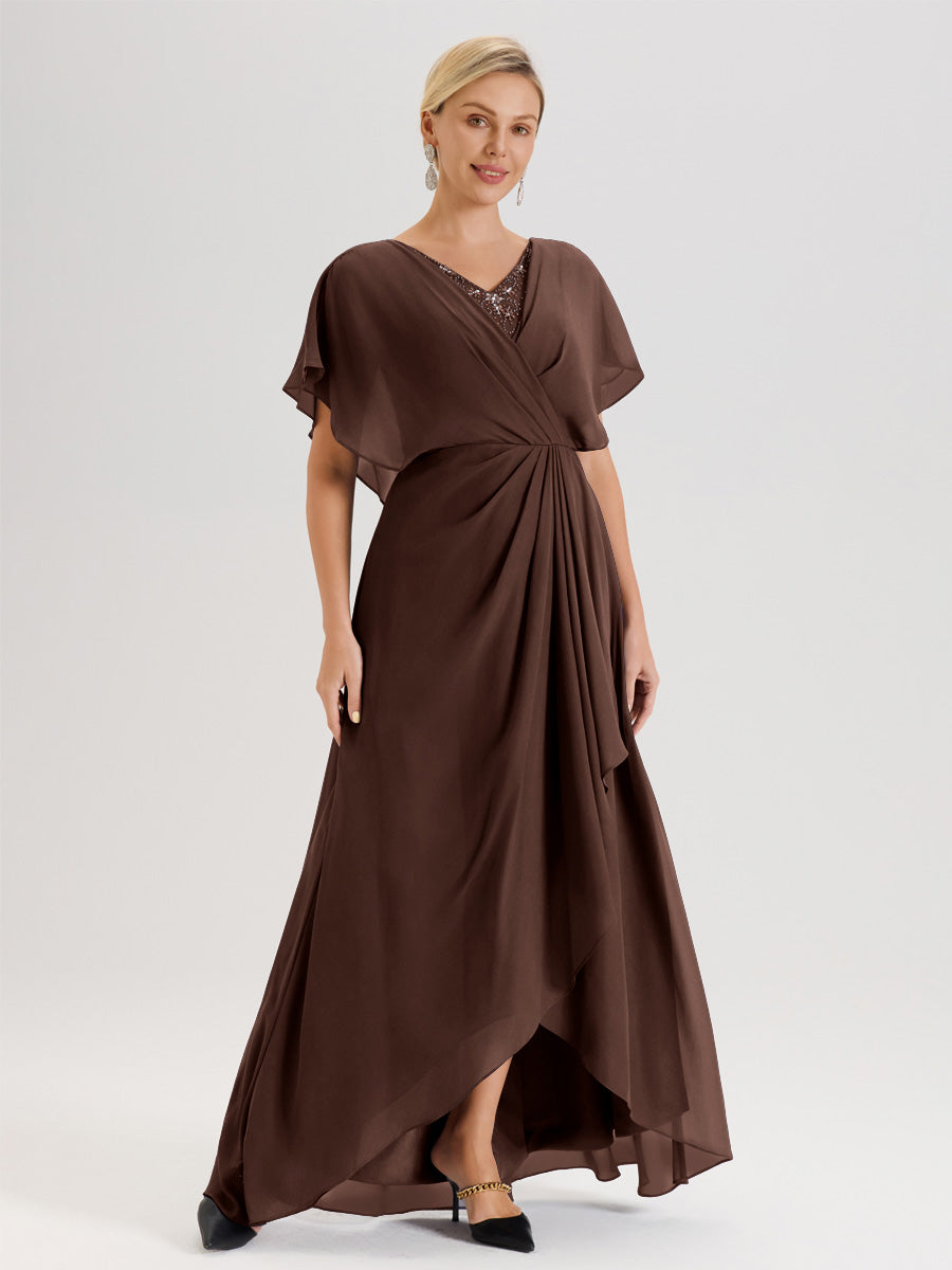 Cicinia Robe Mère De La Mariée Marron Chocolat Avec Ourlet Asymétrique Et Manches Volants Décolleté En V En Chiffon Longueur Sol