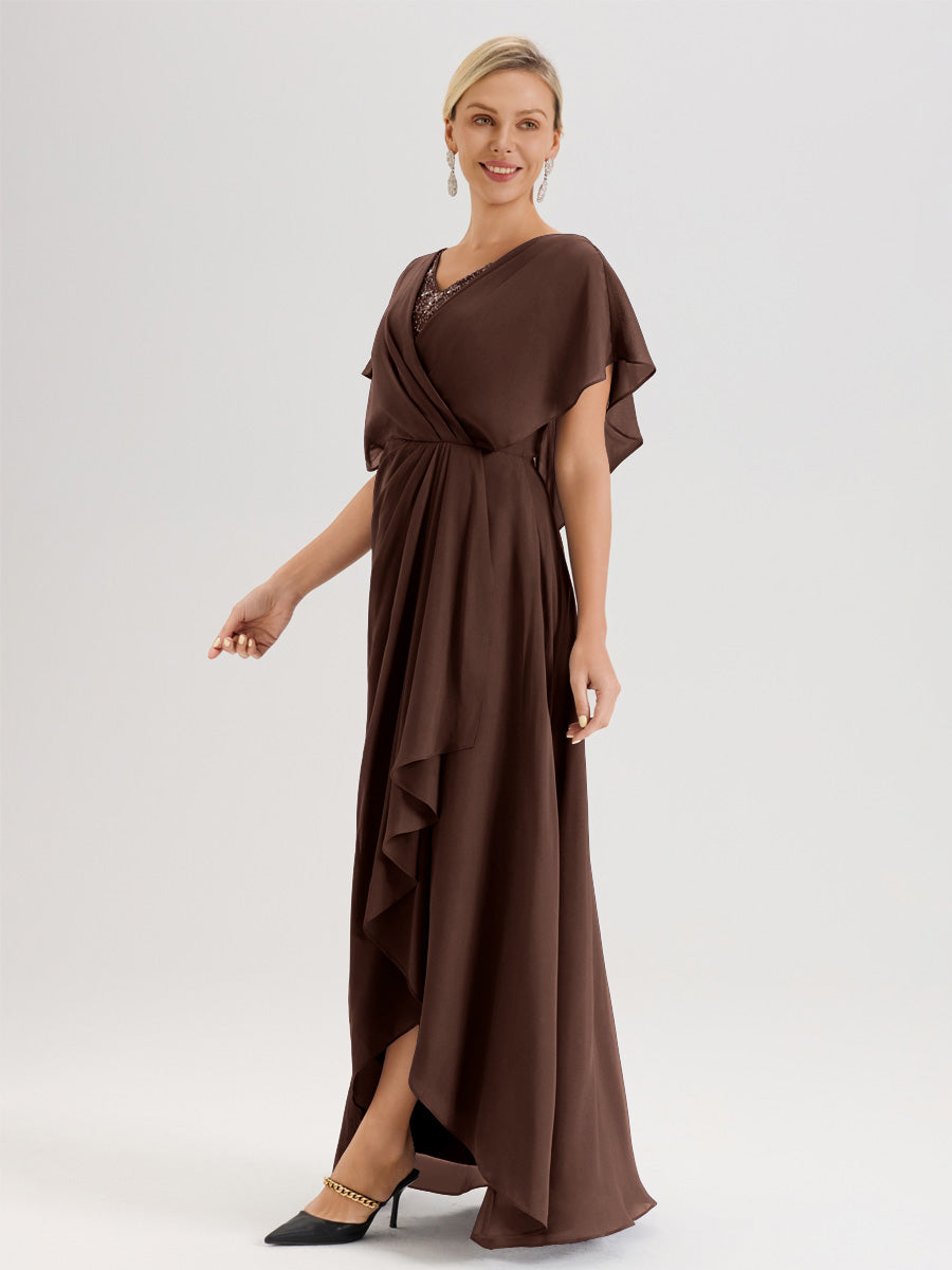 Cicinia Robe Mère De La Mariée Marron Chocolat Avec Ourlet Asymétrique Et Manches Volants Décolleté En V En Chiffon Longueur Sol