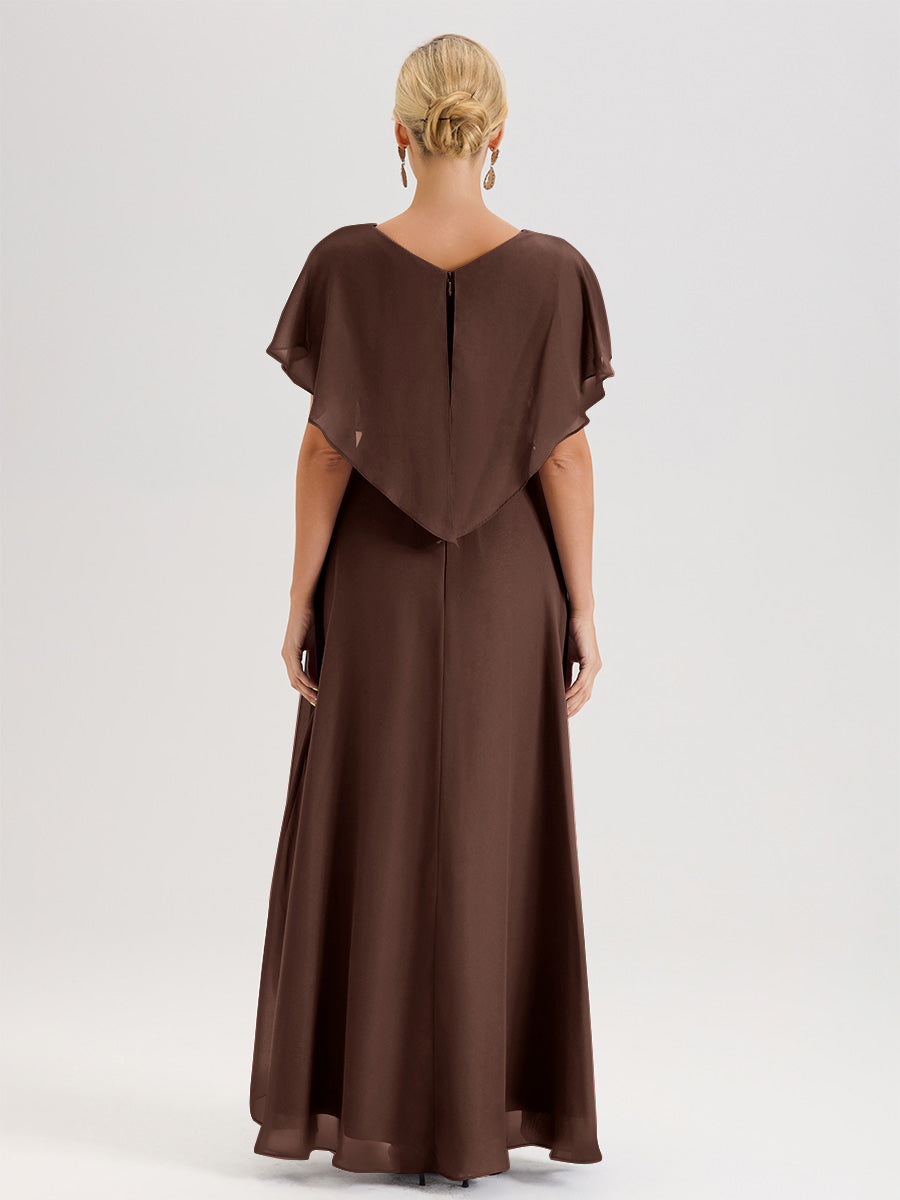 Cicinia Robe Mère De La Mariée Marron Chocolat Avec Ourlet Asymétrique Et Manches Volants Décolleté En V En Chiffon Longueur Sol