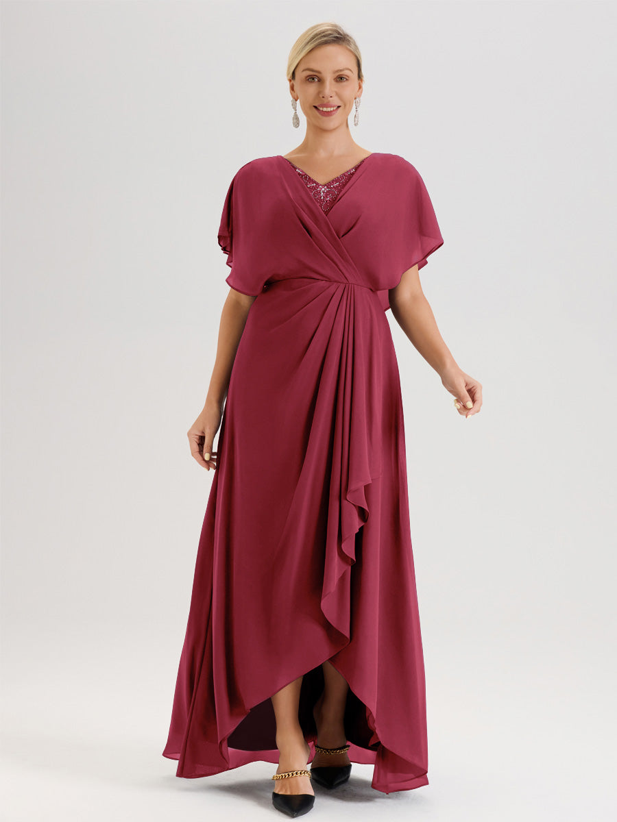 Cicinia Robe Mère De La Mariée Rose Cannelle Avec Ourlet Asymétrique Et Manches Volants Décolleté En V En Chiffon Longueur Sol
