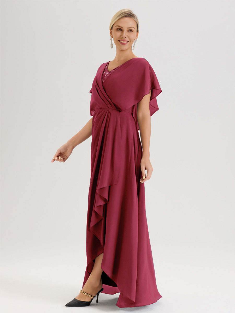 Cicinia Robe Mère De La Mariée Rose Cannelle Avec Ourlet Asymétrique Et Manches Volants Décolleté En V En Chiffon Longueur Sol