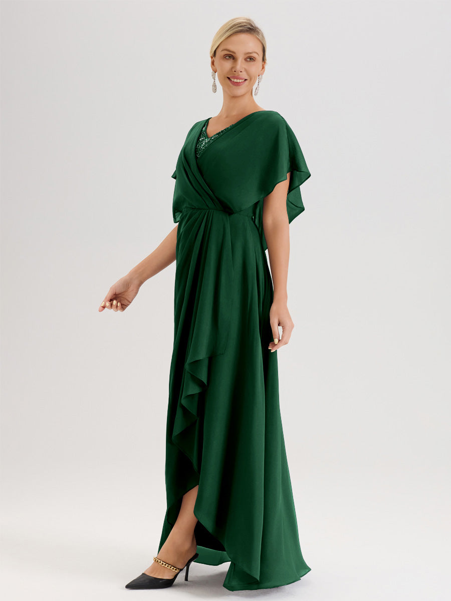 Cicinia Robe Mère De La Mariée Vert Foncé Avec Ourlet Asymétrique Et Manches Volants Décolleté En V En Chiffon Longueur Sol