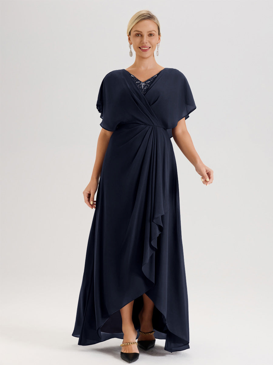 Cicinia Robe Mère De La Mariée Bleu Marine Avec Ourlet Asymétrique Et Manches Volants Décolleté En V En Chiffon Longueur Sol
