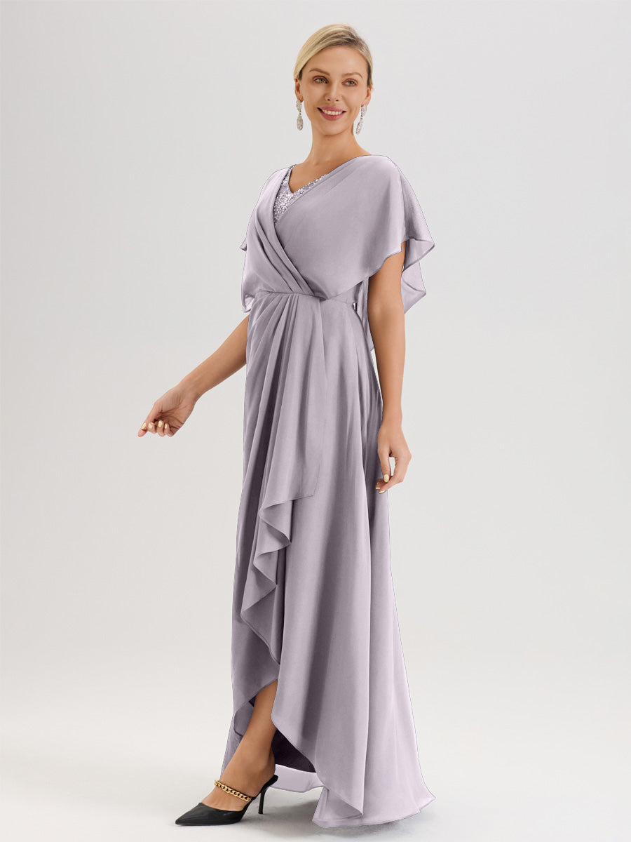 Cicinia Robe Mère De La Mariée Crépuscule Avec Ourlet Asymétrique Et Manches Volants Décolleté En V En Chiffon Longueur Sol