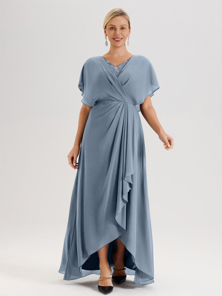 Cicinia Robe Mère De La Mariée Bleu Poussiéreux Avec Ourlet Asymétrique Et Manches Volants Décolleté En V En Chiffon Longueur Sol