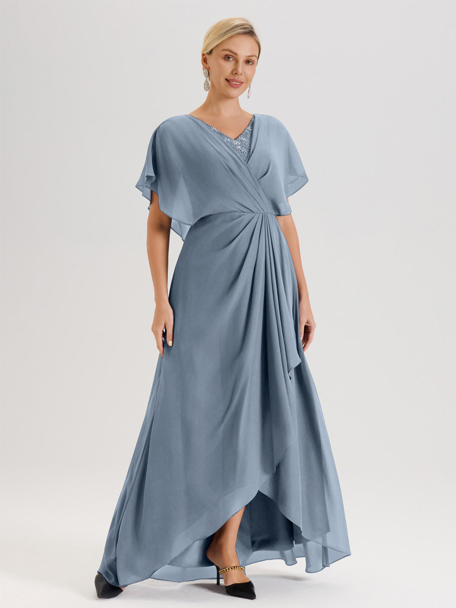 Cicinia Robe Mère De La Mariée Bleu Poussiéreux Avec Ourlet Asymétrique Et Manches Volants Décolleté En V En Chiffon Longueur Sol