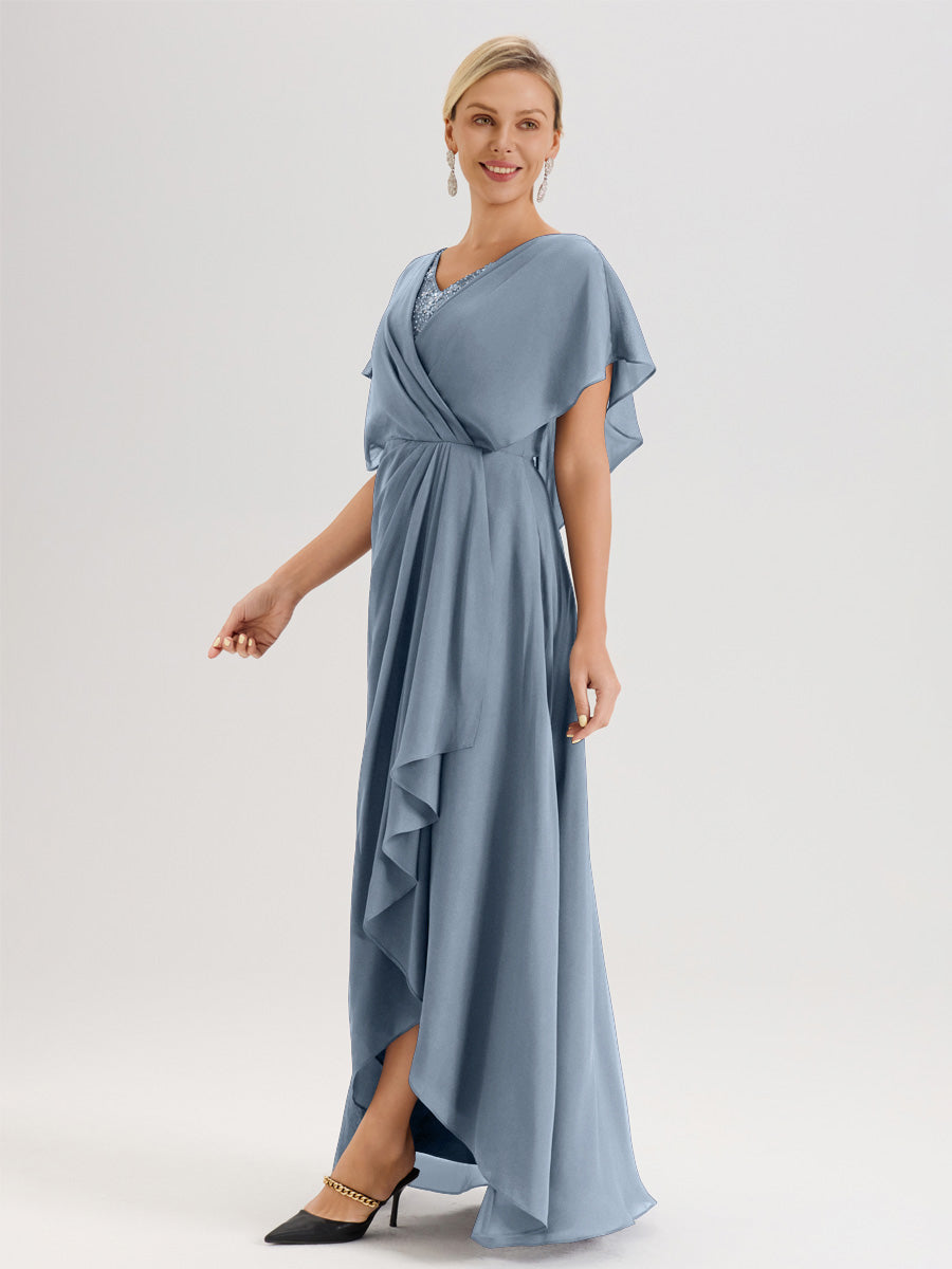 Cicinia Robe Mère De La Mariée Bleu Poussiéreux Avec Ourlet Asymétrique Et Manches Volants Décolleté En V En Chiffon Longueur Sol