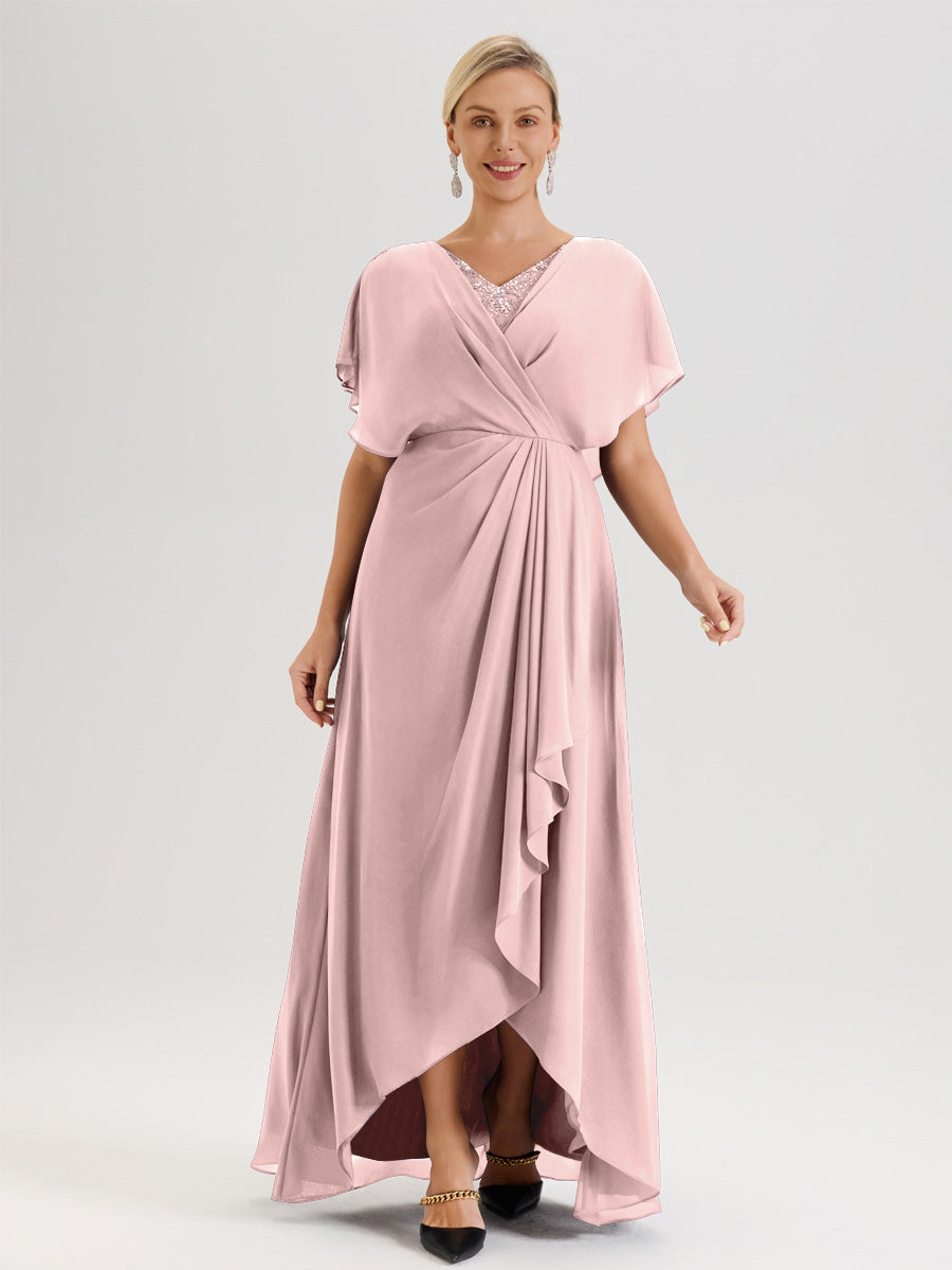 Cicinia Robe Mère De La Mariée Rose Poudrée Avec Ourlet Asymétrique Et Manches Volants Décolleté En V En Chiffon Longueur Sol
