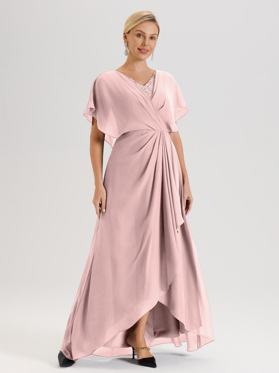 Cicinia Robe Mère De La Mariée Rose Poudrée Avec Ourlet Asymétrique Et Manches Volants Décolleté En V En Chiffon Longueur Sol