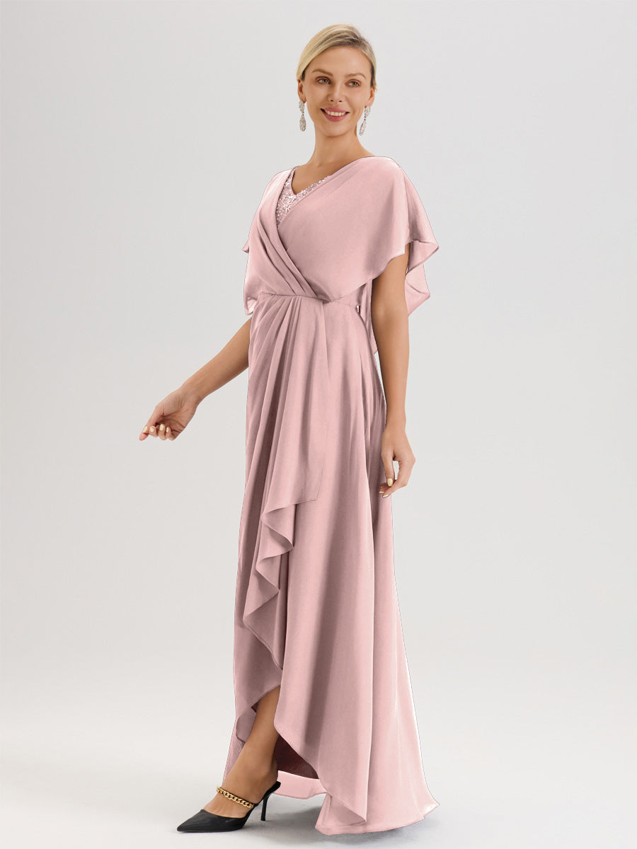 Cicinia Robe Mère De La Mariée Rose Poudrée Avec Ourlet Asymétrique Et Manches Volants Décolleté En V En Chiffon Longueur Sol