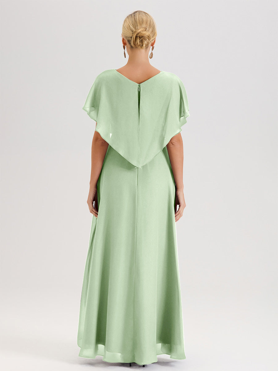 Cicinia Robe Mère De La Mariée De Sauge Poussiéreux Avec Ourlet Asymétrique Et Manches Volants Décolleté En V En Chiffon Longueur Sol