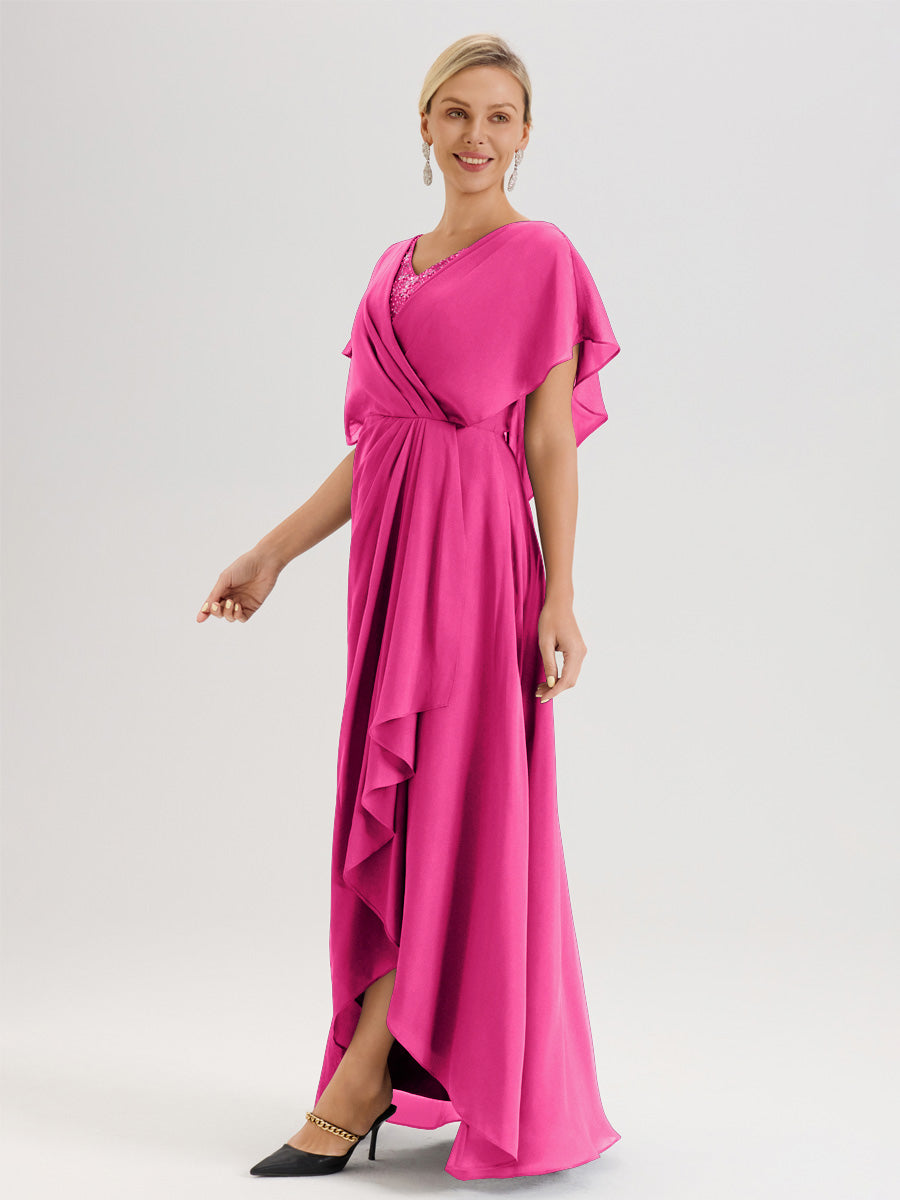 Cicinia Robe Mère De La Mariée Fuchsia Rose Avec Ourlet Asymétrique Et Manches Volants Décolleté En V En Chiffon Longueur Sol