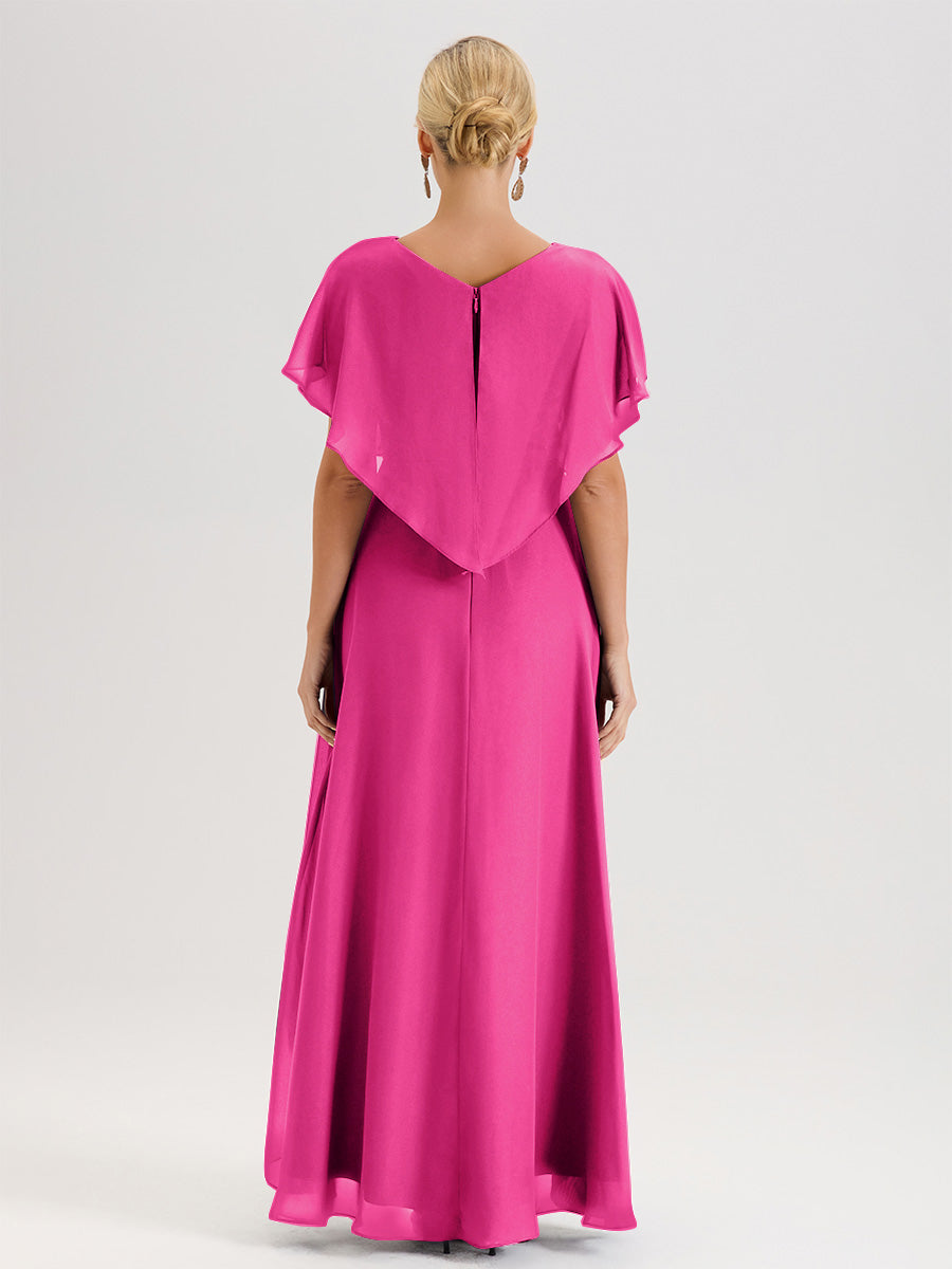 Cicinia Robe Mère De La Mariée Fuchsia Rose Avec Ourlet Asymétrique Et Manches Volants Décolleté En V En Chiffon Longueur Sol