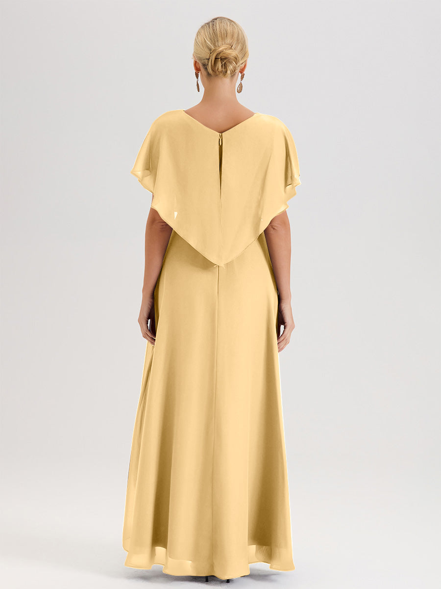 Cicinia Robe Mère De La Mariée Couleur Or Avec Ourlet Asymétrique Et Manches Volants Décolleté En V En Chiffon Longueur Sol