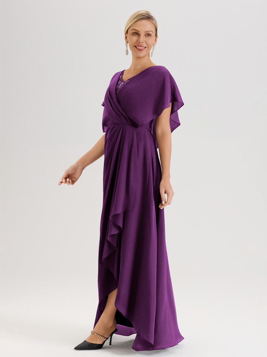 Cicinia Robe Mère De La Mariée En Raisin Avec Ourlet Asymétrique Et Manches Volants Décolleté En V En Chiffon Longueur Sol