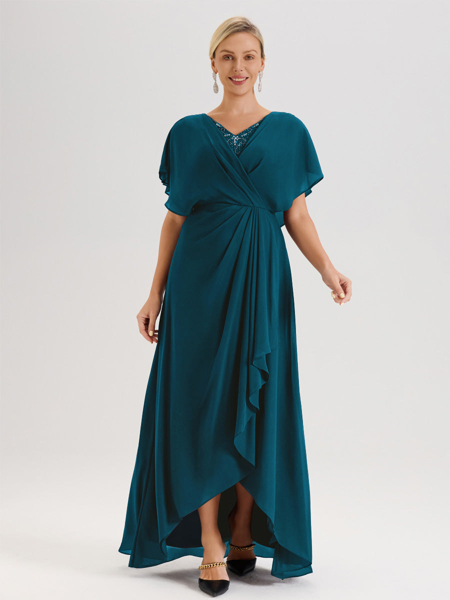 Cicinia Robe Mère De La Mariée Bleu Encre Avec Ourlet Asymétrique Et Manches Volants Décolleté En V En Chiffon Longueur Sol