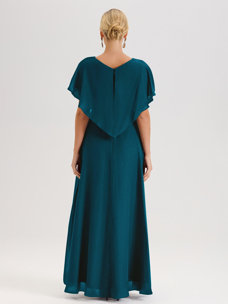 Cicinia Robe Mère De La Mariée Bleu Encre Avec Ourlet Asymétrique Et Manches Volants Décolleté En V En Chiffon Longueur Sol