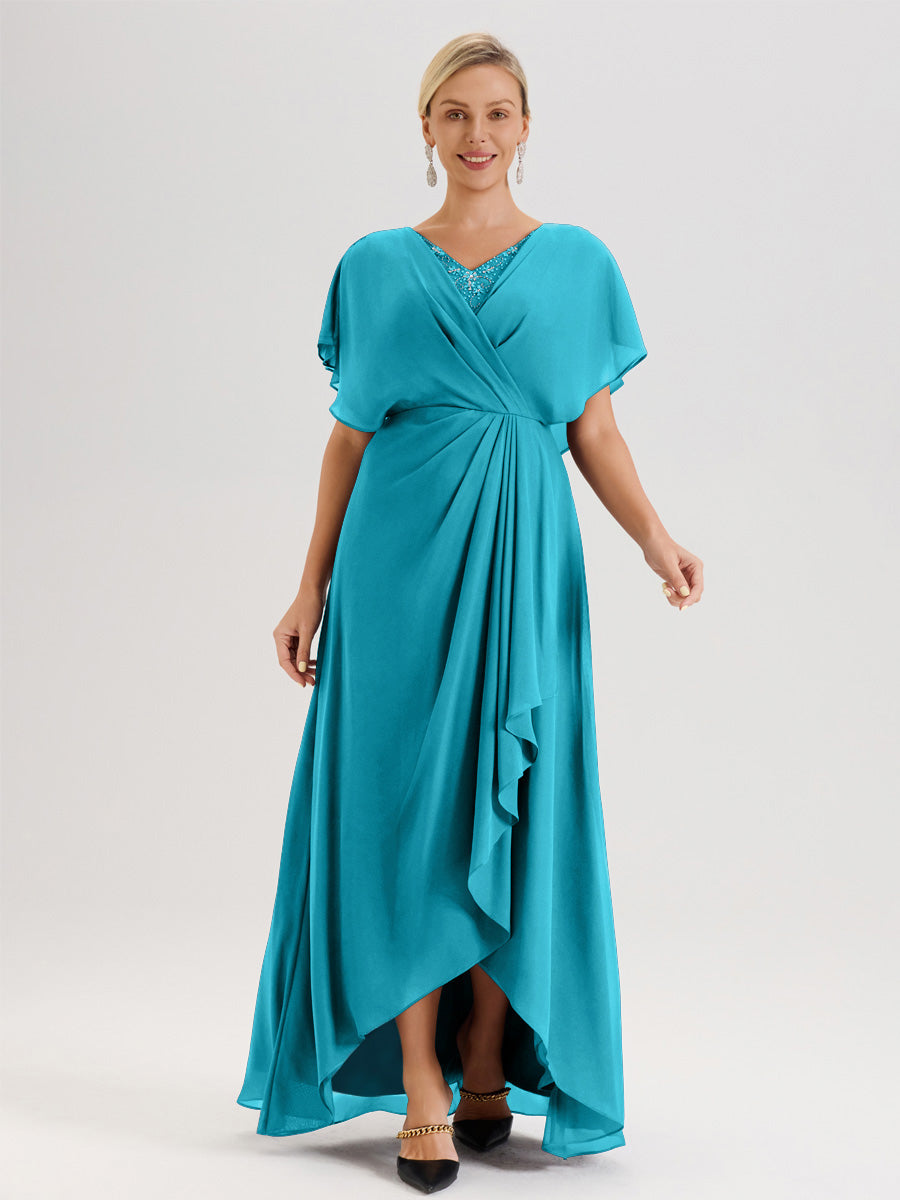 Cicinia Robe Mère De La Mariée Jade Avec Ourlet Asymétrique Et Manches Volants Décolleté En V En Chiffon Longueur Sol