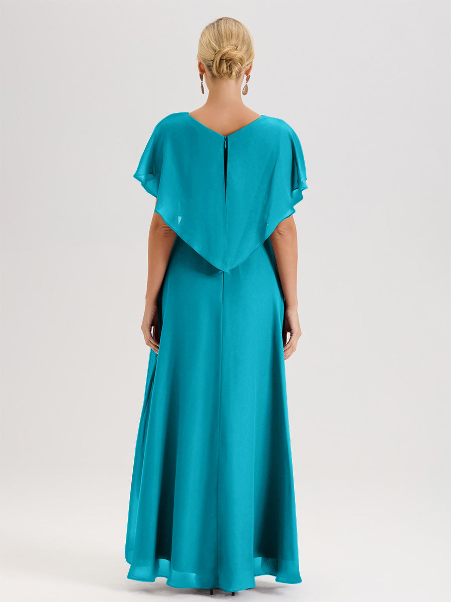 Cicinia Robe Mère De La Mariée Jade Avec Ourlet Asymétrique Et Manches Volants Décolleté En V En Chiffon Longueur Sol
