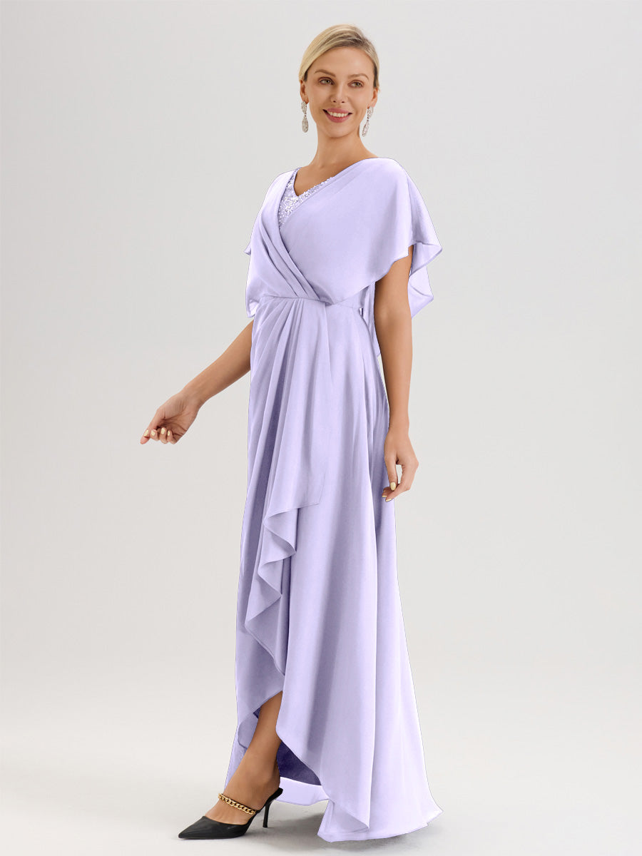 Cicinia Robe Mère De La Mariée Lilas Avec Ourlet Asymétrique Et Manches Volants Décolleté En V En Chiffon Longueur Sol