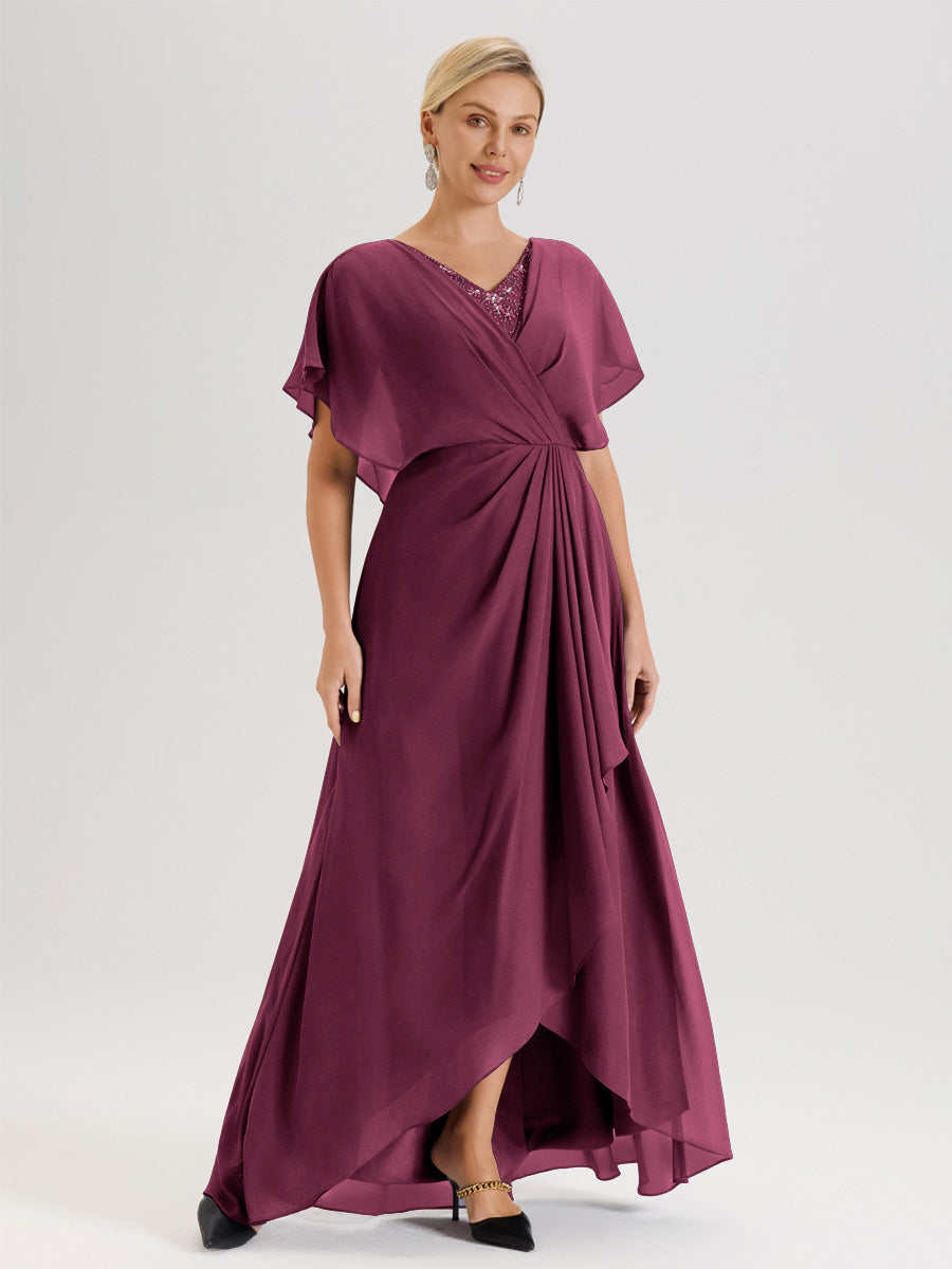 Cicinia Robe Mère De La Mariée Mûre Avec Ourlet Asymétrique Et Manches Volants Décolleté En V En Chiffon Longueur Sol