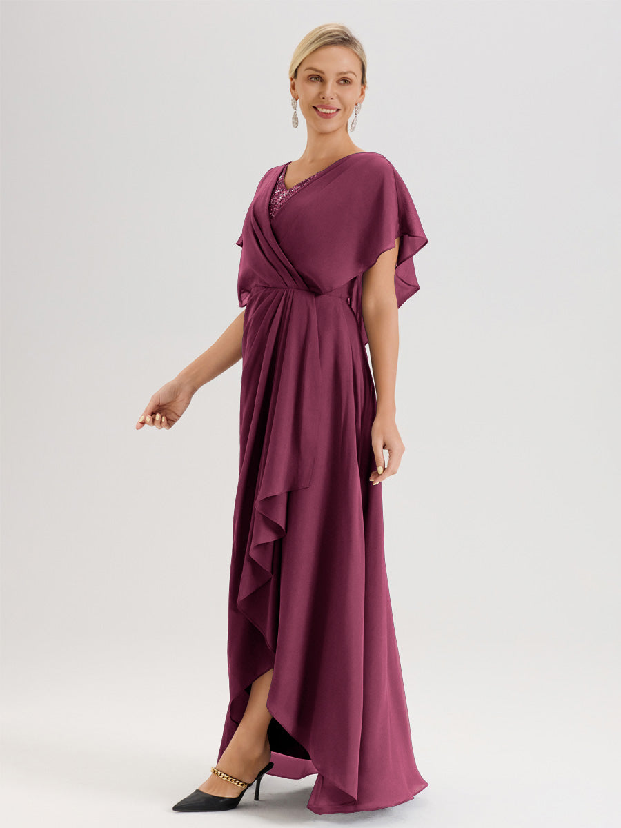 Cicinia Robe Mère De La Mariée Mûre Avec Ourlet Asymétrique Et Manches Volants Décolleté En V En Chiffon Longueur Sol