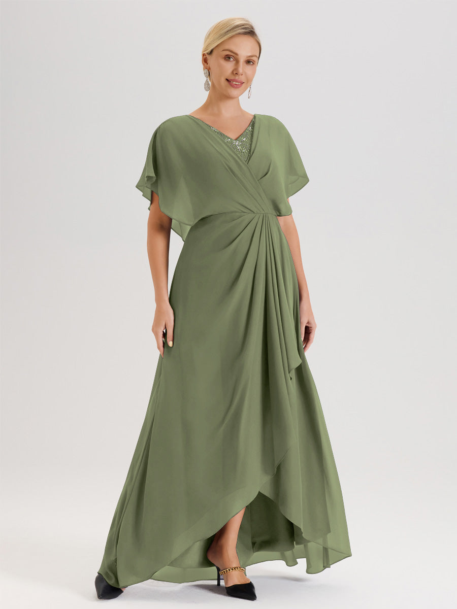 Cicinia Robe Mère De La Mariée Vert Olive Avec Ourlet Asymétrique Et Manches Volants Décolleté En V En Chiffon Longueur Sol